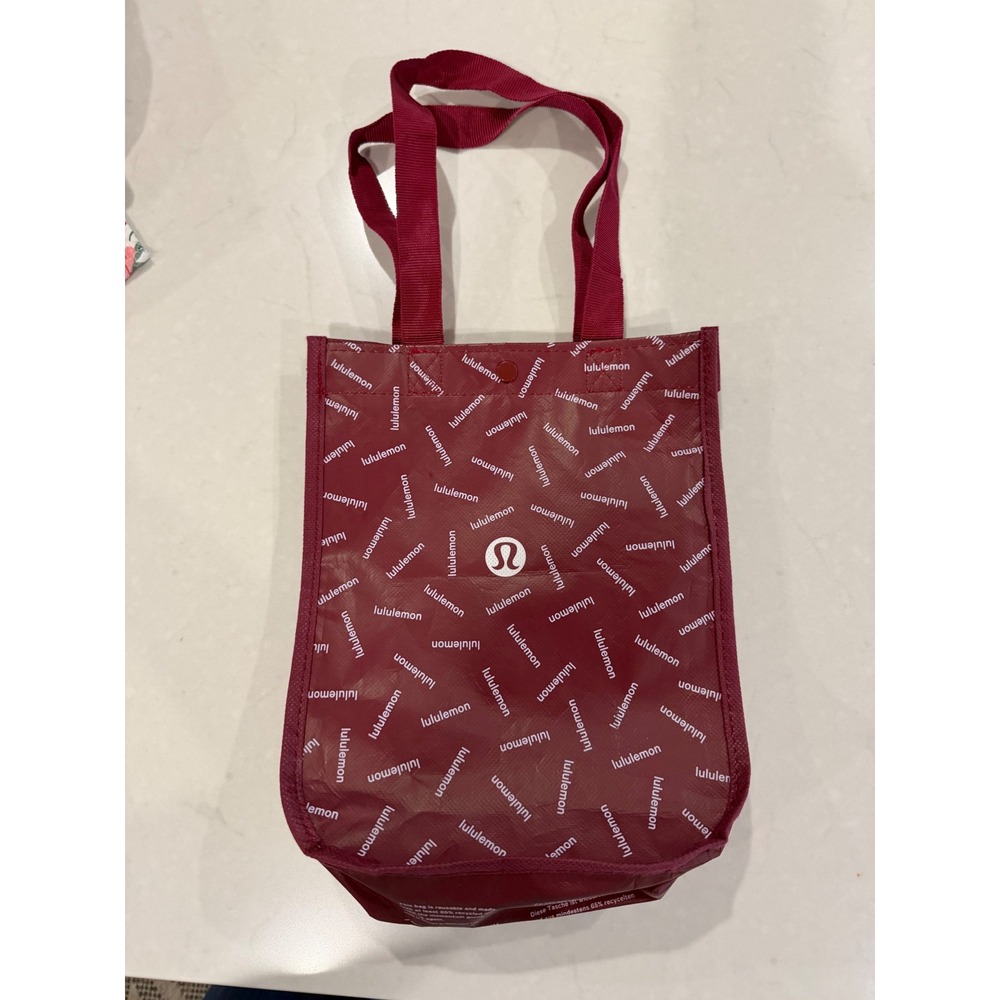 Lululemon Small Reusable Shopping Tote Bag Burgundy Maroon Logo Print Snap Top
